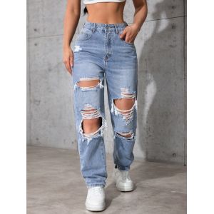 China Light medium blue ripped denim pants wholesale