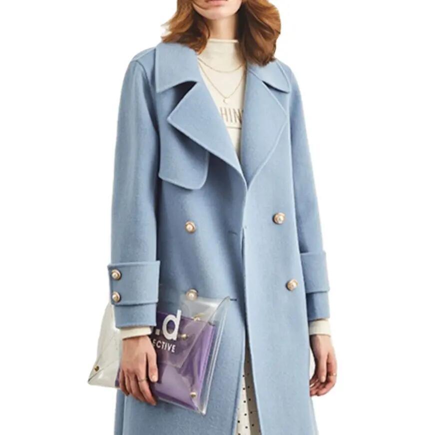 Wool Blend Peacoat Double-Breasted High Quality Trench Coat Women Long Coats for Ladies