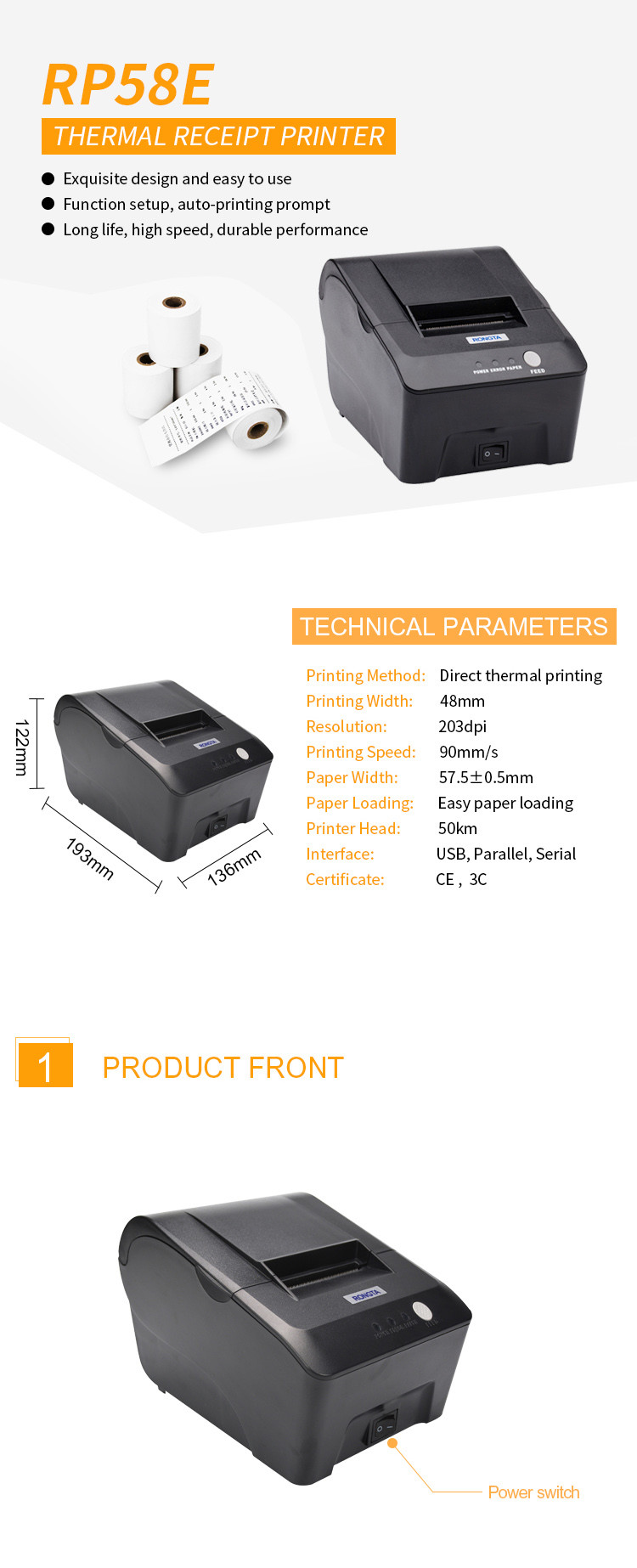 100mm/s USB Bluetooth Barcode Scanner Desktop POS 58 Printer