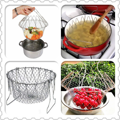 Long Life 304 Stainless Steel Deep Fryer Basket Foldable Steam Rinse Strainer