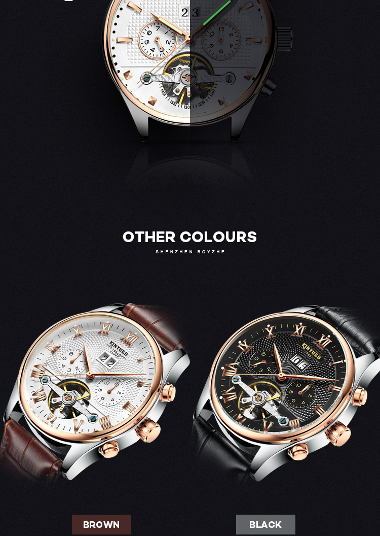 Charm 3ATM leather strap skeleton automatic mechanical men wrist tourbillon watch