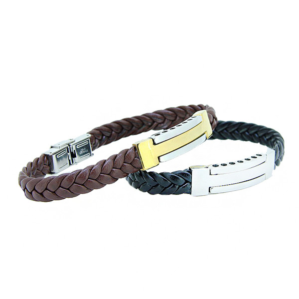 Europ American Fashion Trendy Stainless Steel Geniune PU Leather Bracelet Bangle