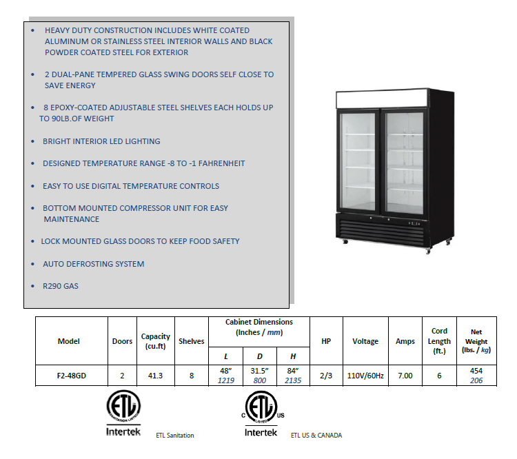 Single Temperature 2 Glass Door Freezer Merchandiser 110V 60HZ 7A