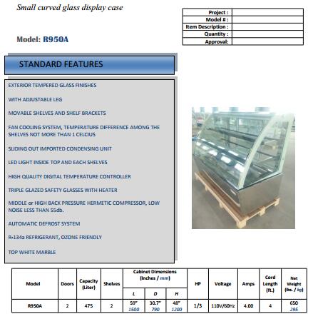 Refrigerated display case of cakes for bakery shop with CE/ETL