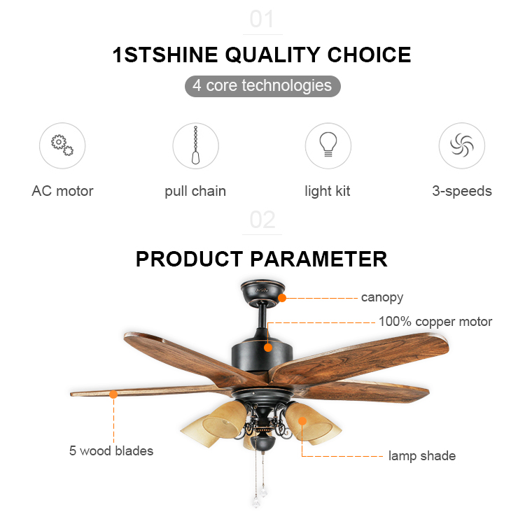Support Dimmer 52 Inch Ceiling Fan with 5 Wooden Blades and Pull Chain 110-240V Input