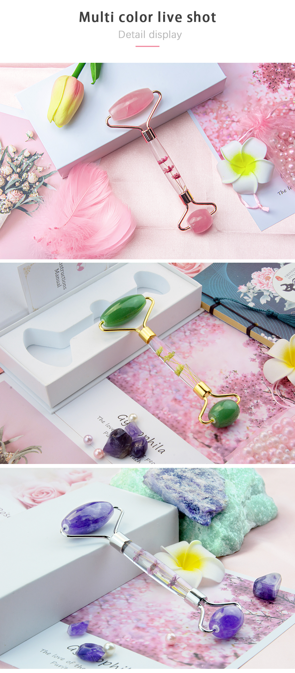 Green Jade Stone Rollers Infused Flower Jade Roller For Face Massage