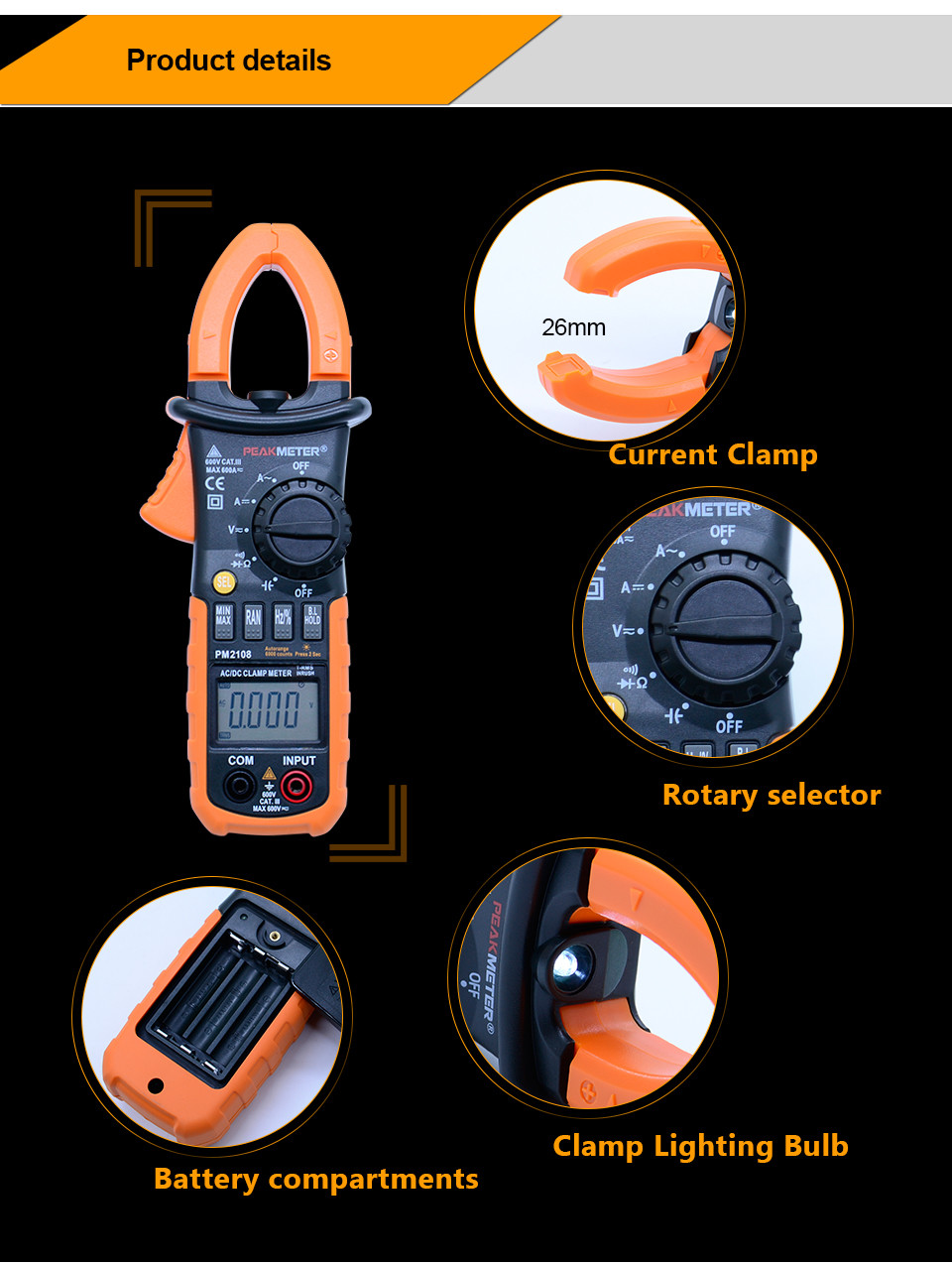 AC / DC Digital Clamp Meter 6000 Counts With Double Mold Ture RMS Display