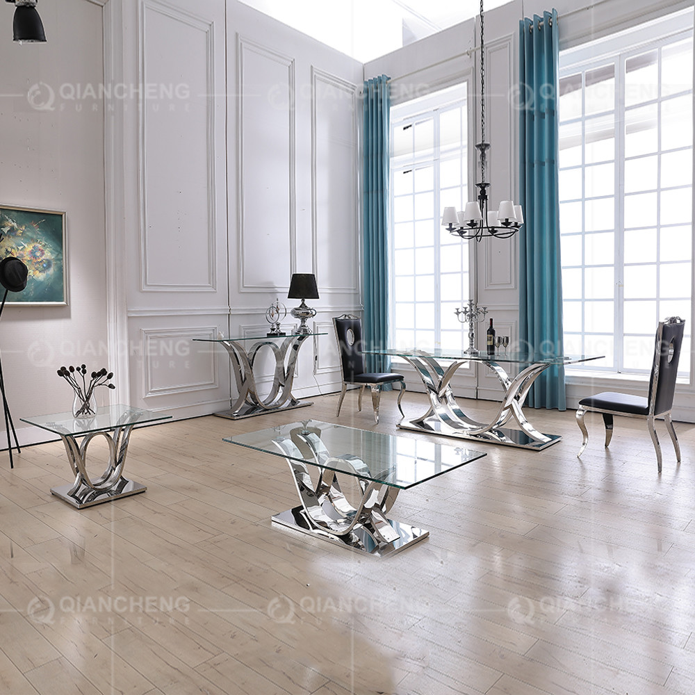 Living Room ODM Metal Console Tables Glass Top With Plastic Corner Feet Pads