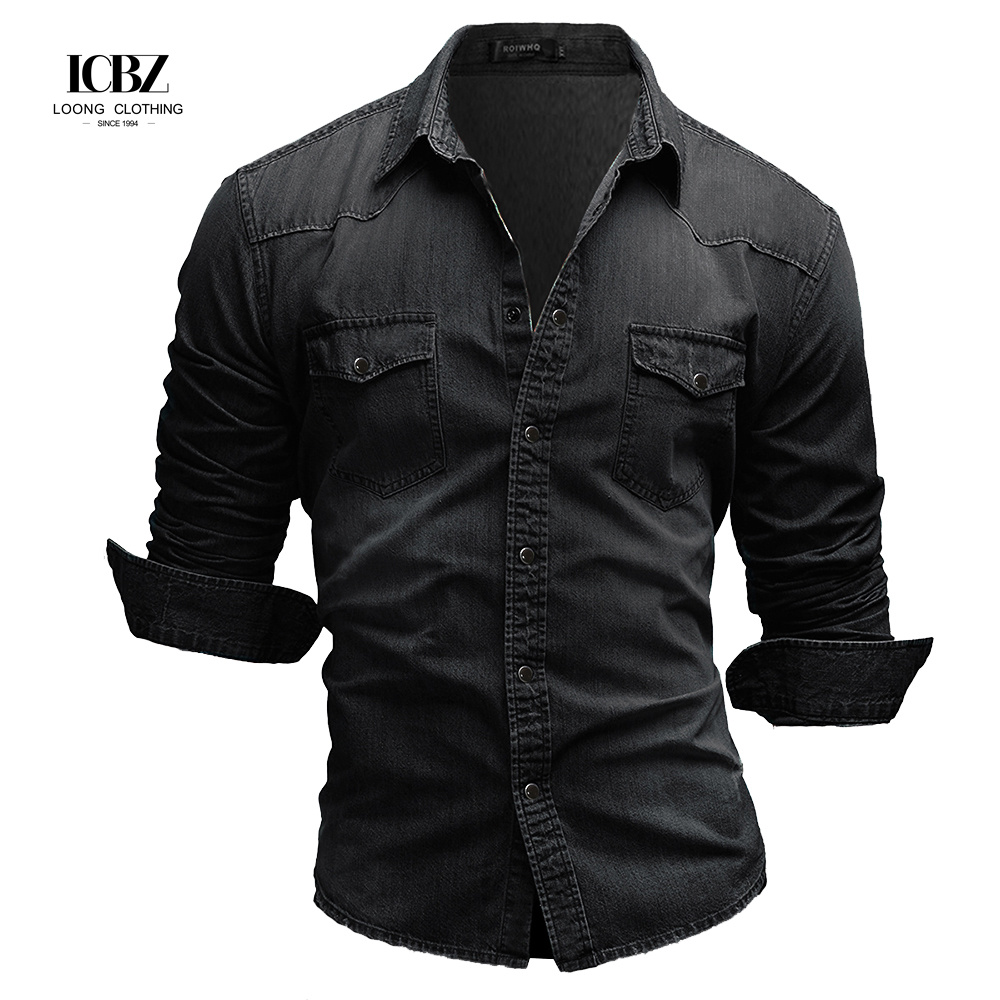 Men's Woven Denim Dress Shirts European Size Long Sleeve High Collar Cotton Shirt
