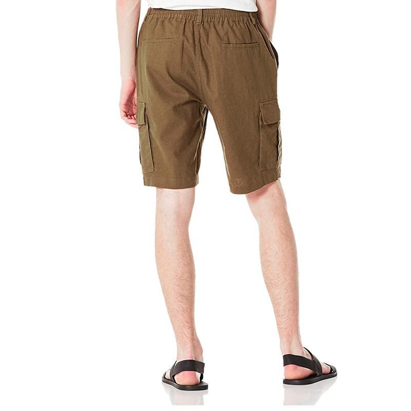 Men'S Cotton Linen Blend Cargo Shorts 9.5 Inch Inseam Shorts Drawstring Button Closure