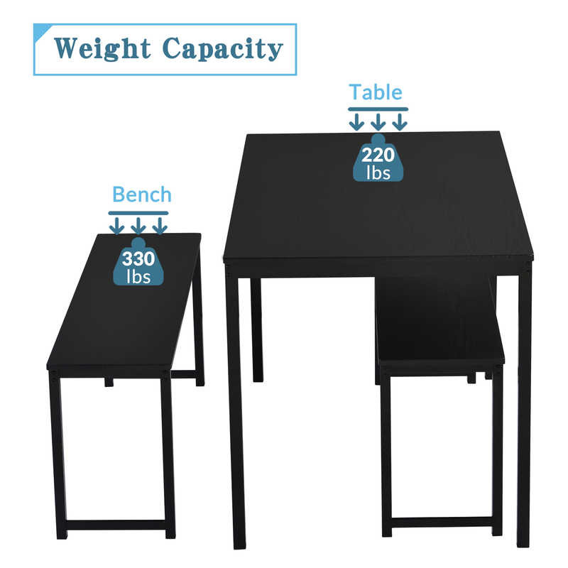 Black 47.3" Length 3 Piece Dining Room Sets With Bench Space Saving