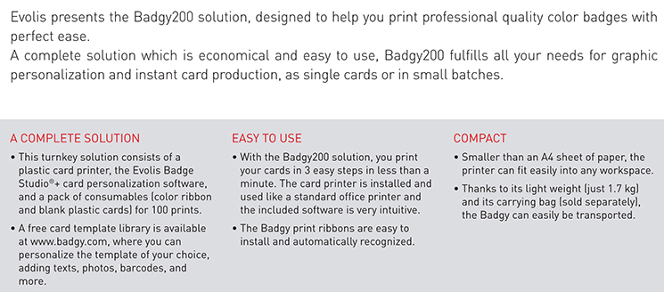 High Single Sided Evolis Badgy200 Smart ID Card Printer for ISO CR-80-ISO 7810 Cards