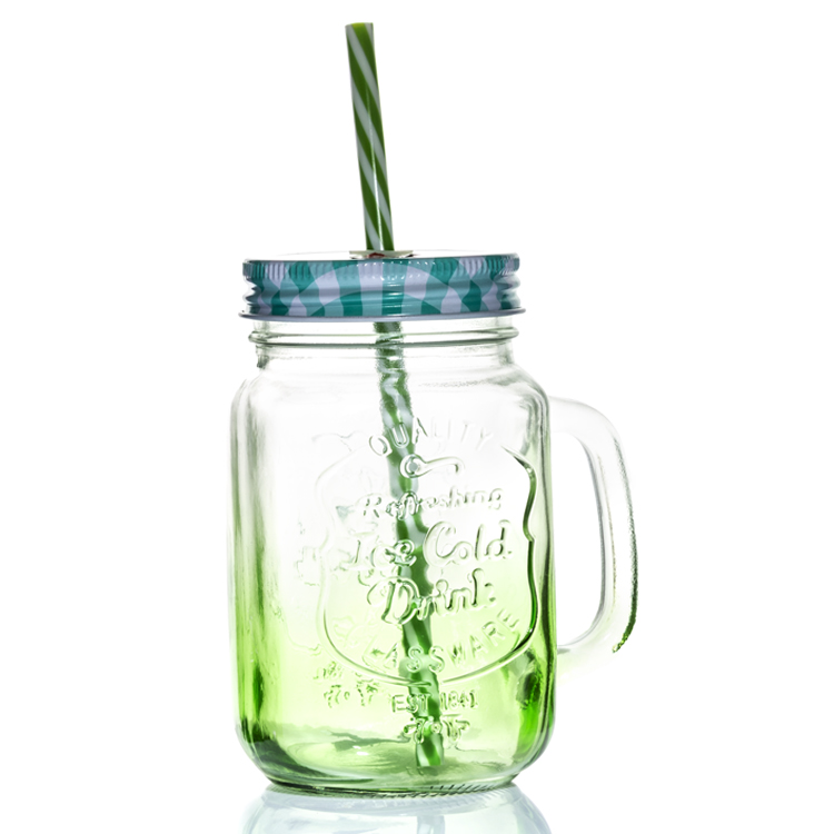 500ml logo embossed fruit juice drink glass mason jar with handle and lid