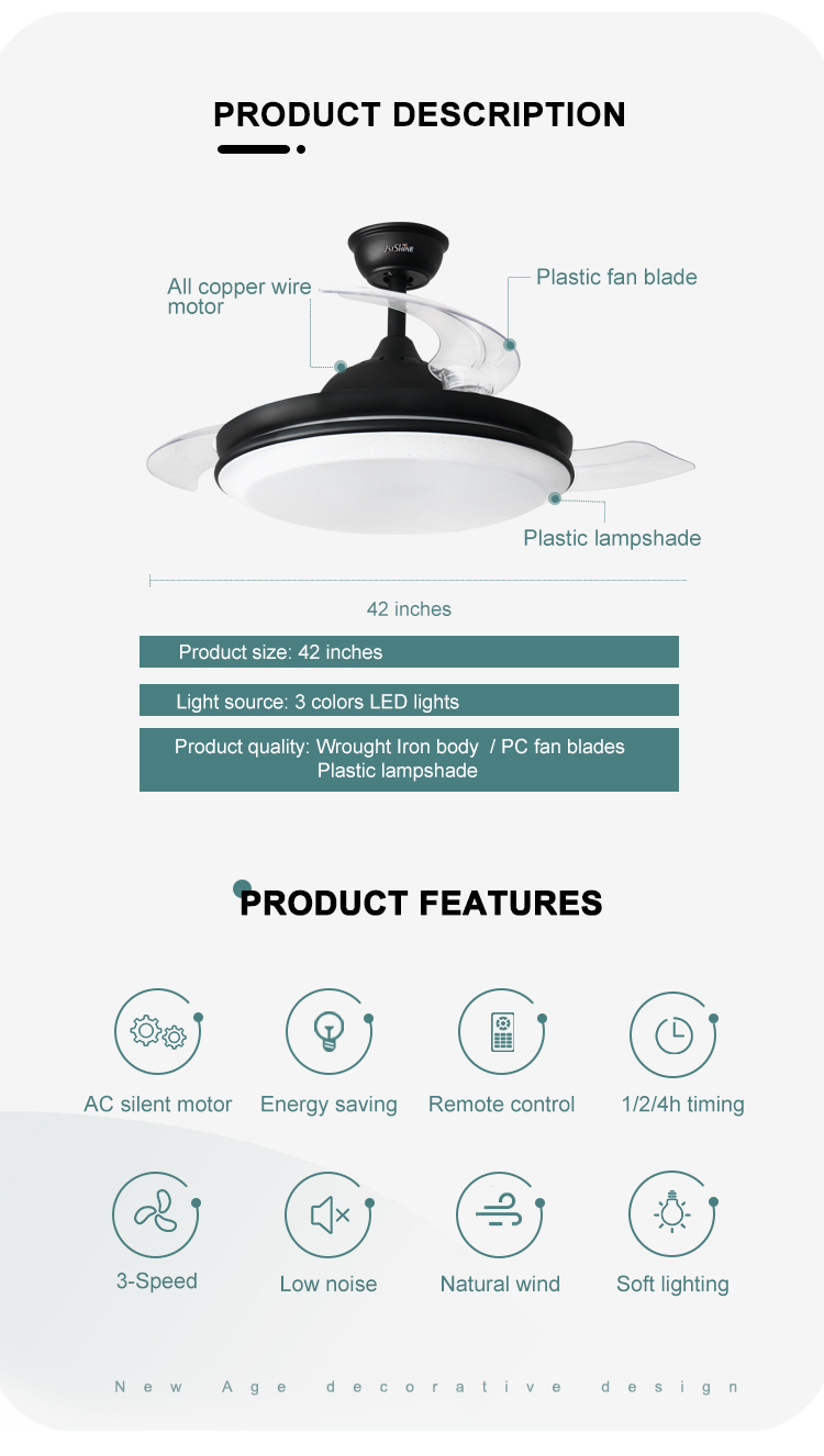 230V Decorative Lighting Retractable LED Ceiling Fan with Dimmer Support 42 Inch Size