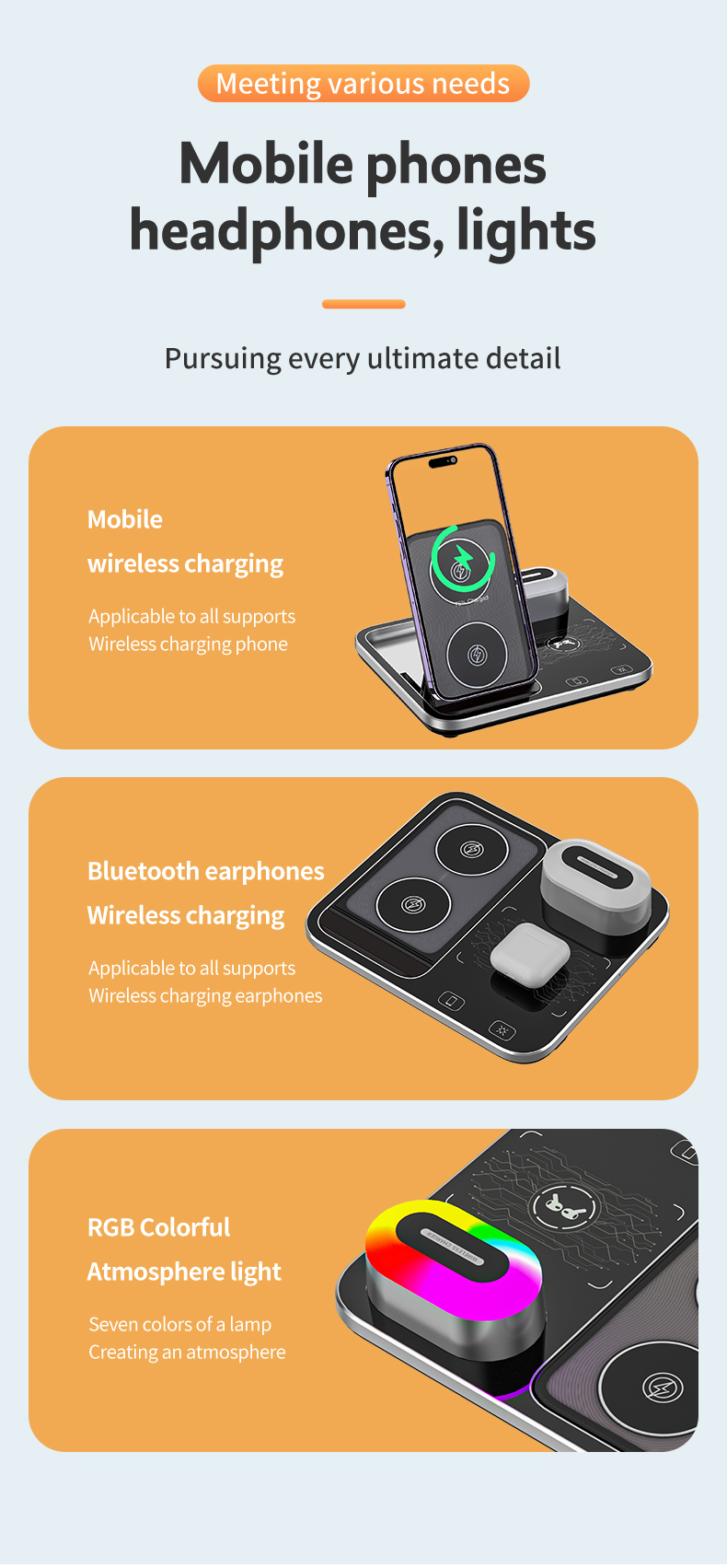 Multifunctional Wireless Charger for Earbuds and Phone 3 In 1 Desktop Fast Charging Station Input 9V/2A Size 165x141.3x13mm