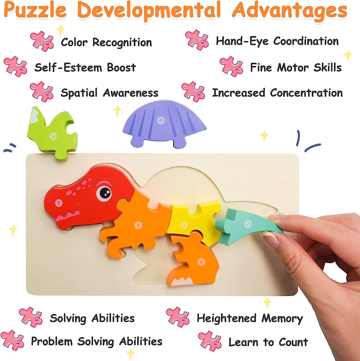 Age Range 2 to 4 Years 6 Pack Wooden Dinosaur Puzzles for Toddlers Educational Toys