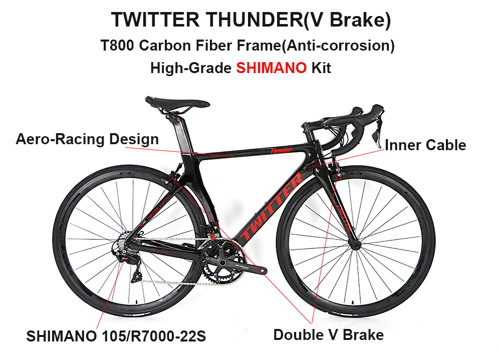 Men's V Brake Carbon Fiber Road Bike with Shimano 105/R7000-22S Derailleur Lever and 22 Speed on Carbon Frame 700c