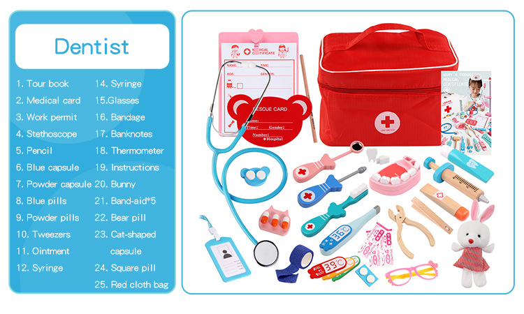 Kids' Role-Playing Doctor Injection Toy Gift Wooden Simulation Cloth Bag Medicine Box