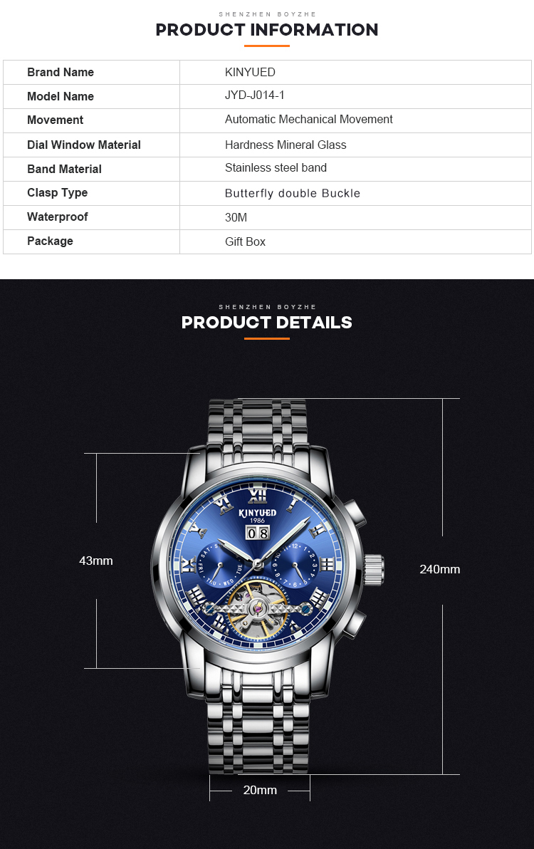 KINYUED Distinctive Style Tourbillon Automatic Movement Watches Waterproof Luminous Business OEM Wristwatches