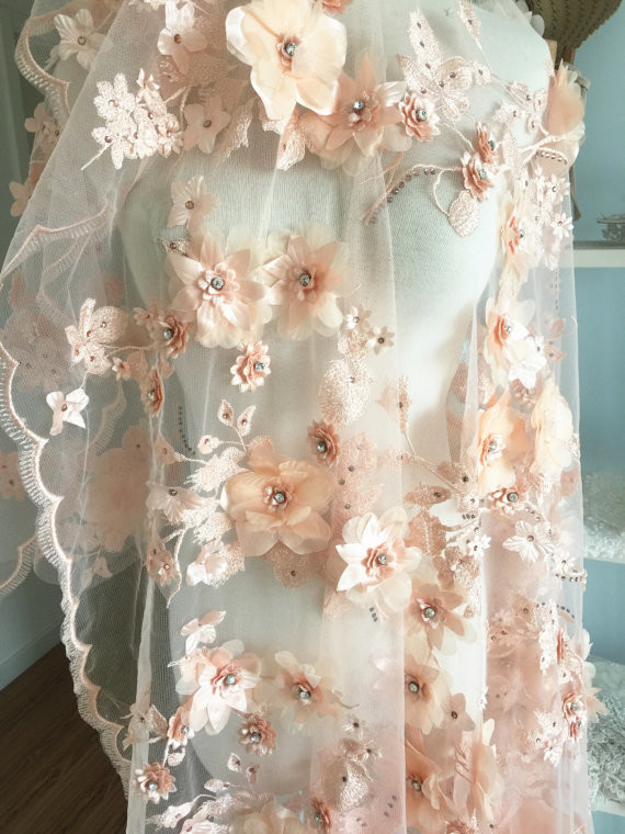 Luxury Floral Beaded Bridal Lace Fabric Scalloped Edge Wedding Gown Lace Fabric