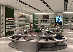 China Fashion Shoe Display Wall Shelves , Round Footwear Display Stands MDF Material wholesale