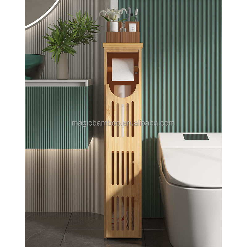 Multifunctional Bamboo Toilet Paper Storage Cabinet Roll Holder Cupboard Space Saving