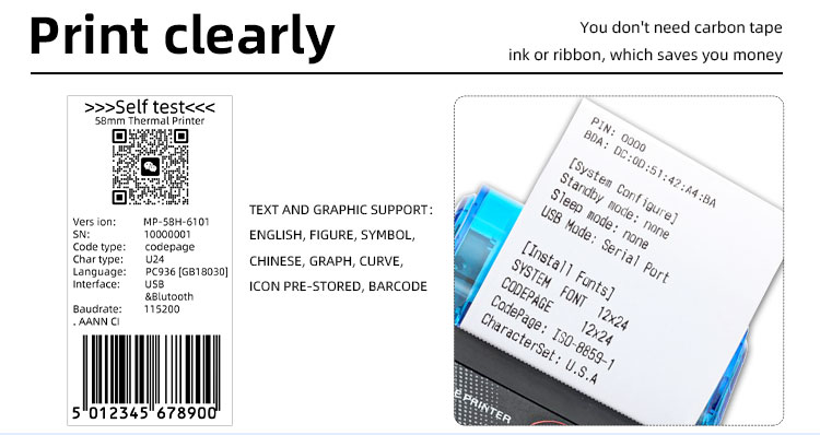 384 Dots/line Max. Resolution Small Thermal Printer for Clothes Portable 58mm Series