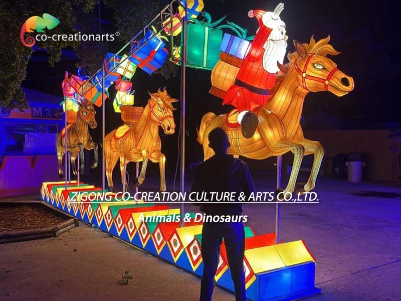 Christmas Decoration Santa Horse Resin Gift Box Zigong Lantern For Amusement Park