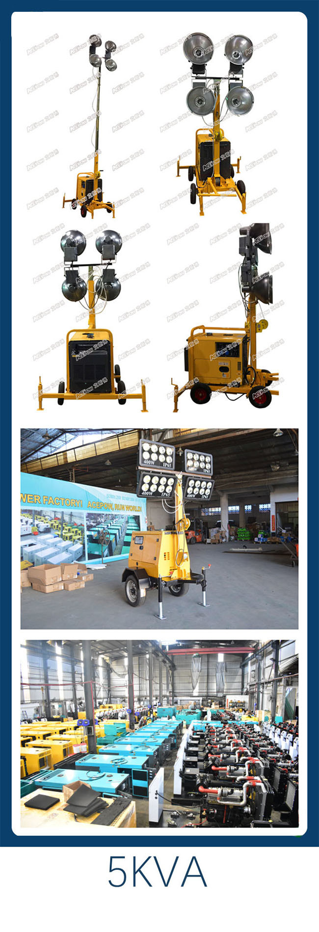 4 Wheels 7m 1 Phase 5KVA Lighting Tower Generator