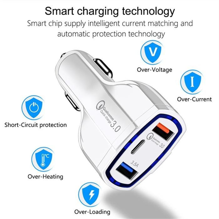 Type C Fast 3 Port USB Car Charger 35W QC3.0 3.1A