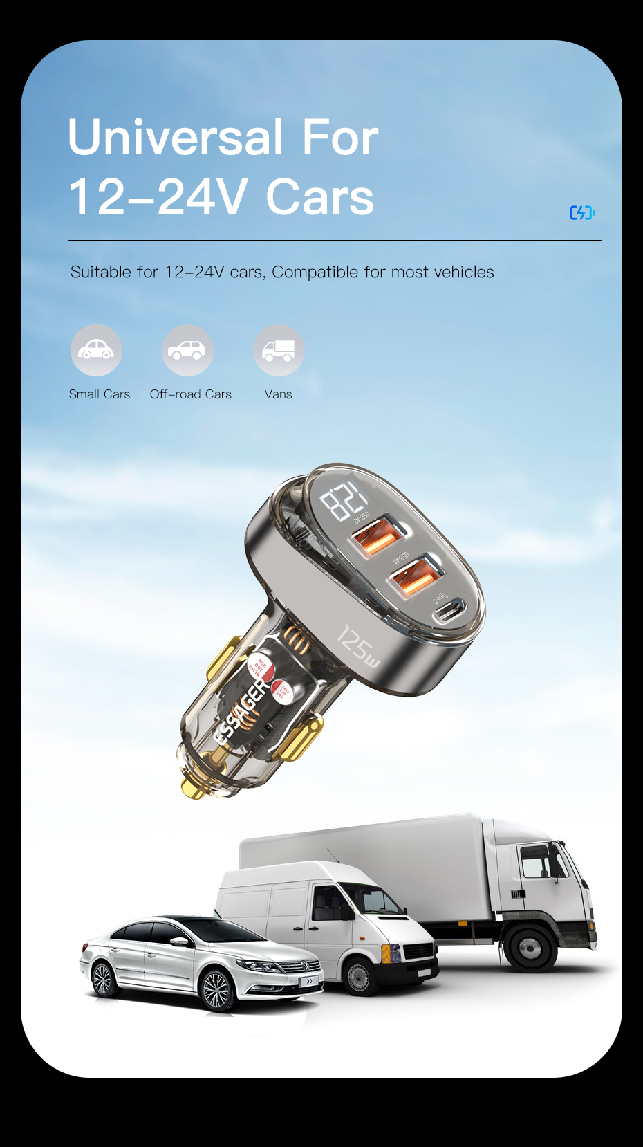 Official Store Digital Display Car Chargers 125W Transparent with 1 Type-C 2 USB-A