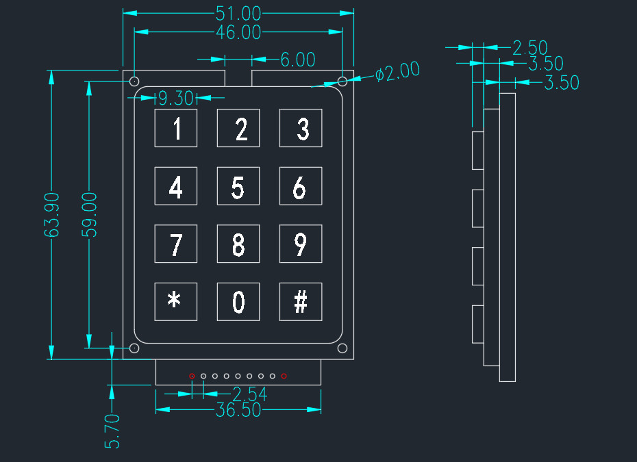 12 Key ABS Plastic Pin Code Keypad 3 * 4 Matrix 4 Core Aviation Connector