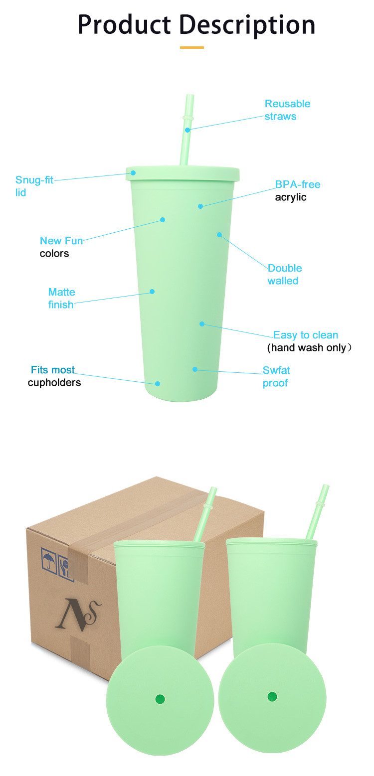 Lightweight Candy Color Skinny 22 Oz Plastic Tumbler Clear Double Wall Acrylic Tumblers With Straw 450/700ml Large Capacity Leak Proof Design