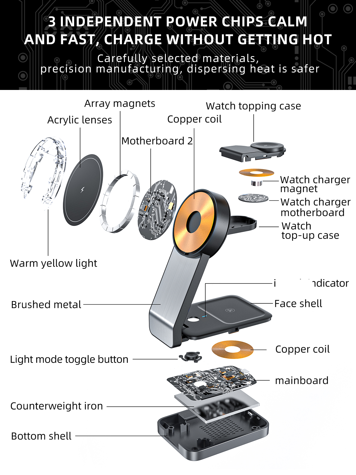 Folding Aluminum Mobile Holder Magnetic 3 in 1 Wireless Charging Qi Fast Charger