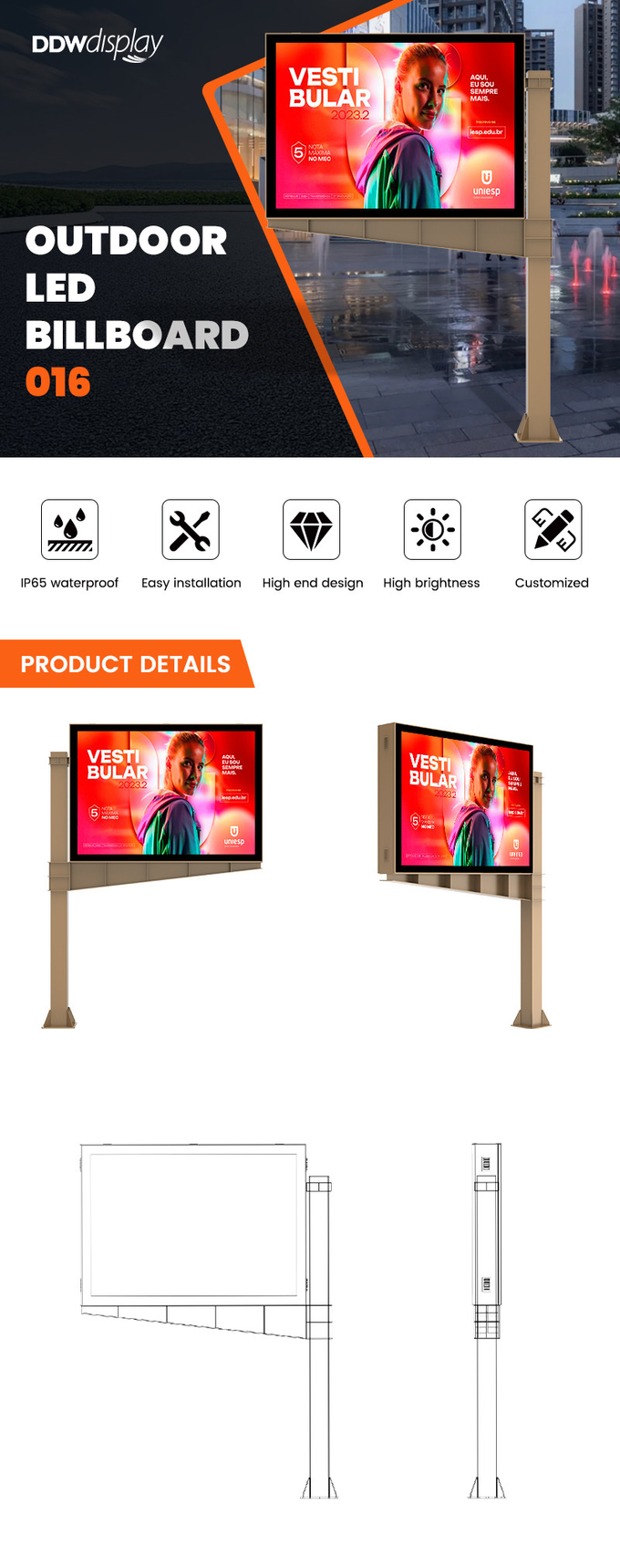 Custom High end design 8000nits P6 IP65 led digital double sided display screen billboard outdoor advertising