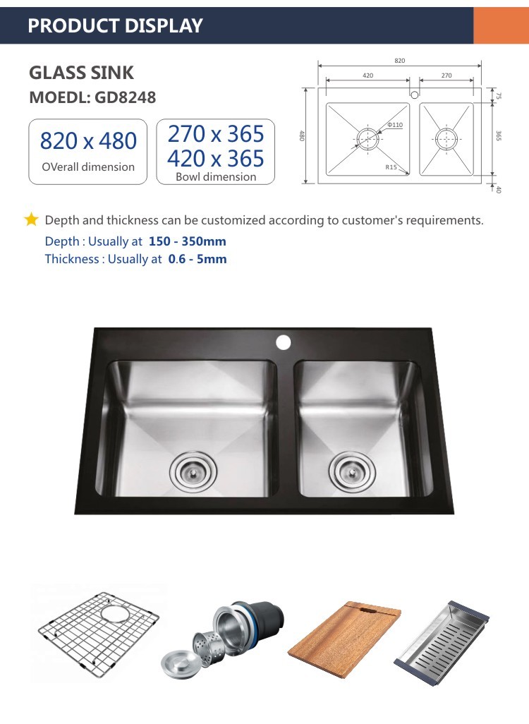 60 40 Tempered Glass Kitchen Sink Stainless Steel 32' 16 Double Bowl 82x48
