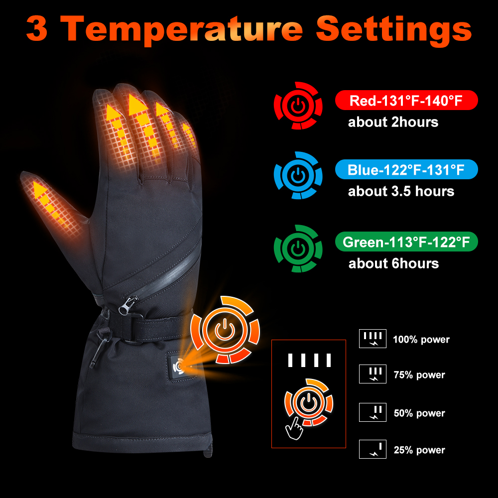 7.4V Battery Rechargeable Heated Gloves Black Winter Snow Proof