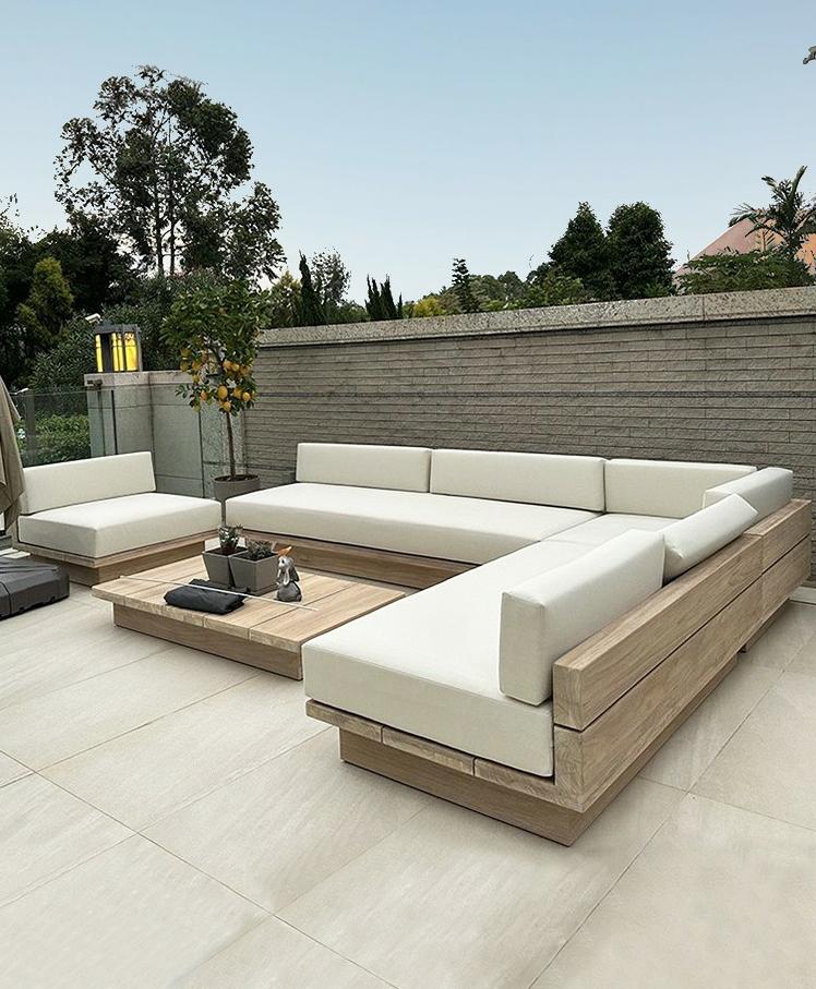 Solid Teak Wood Garden Sofa Set Outdoor Modular Lounge With High Rebound Sponge Cushion