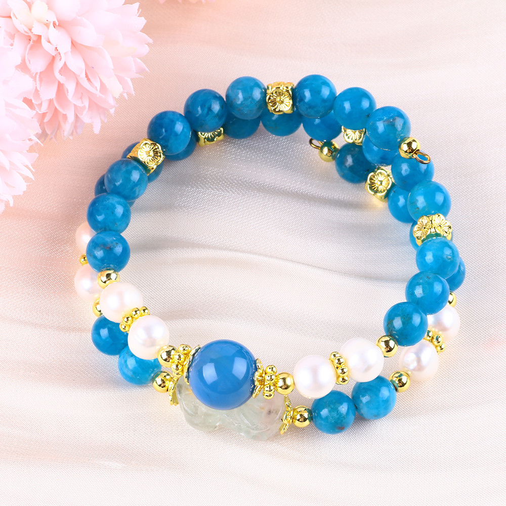 8MM Natural Crystal Stone Apatite Healing Power Gemstone Double Layer Bead Adjustable Bangle For Jewelry Gift