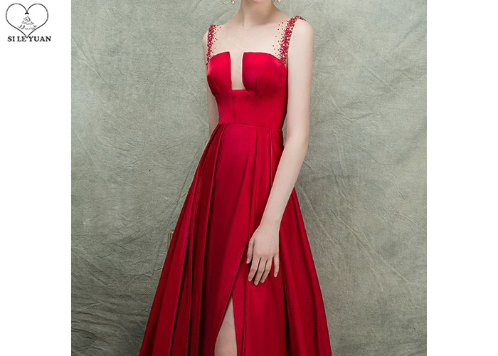 Backless Red Ball Gown Prom Dress Stretch Satin Bust Cut Out Shoulder High Slit