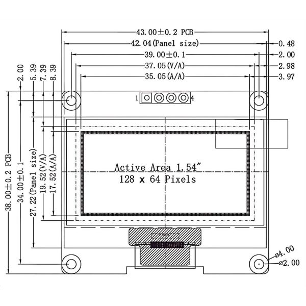 Monochrome Dot Matrix 1.54 Inch OLED Display 128x64 Pixels I2C Interface LCD Display