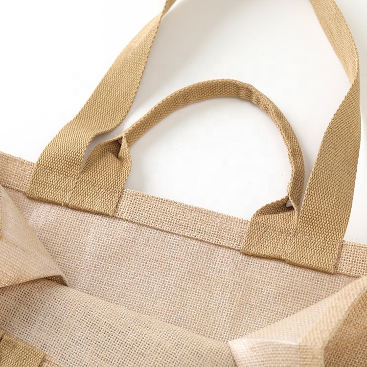 Customized Canvas Button Printed Jute Bags With Logo Natural Black Beach Laminated