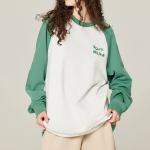 100% Cotton Oversized Loose Long Sleeve Embroidery Letter Contrast Trim Raglan