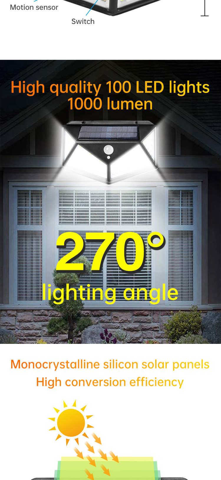 1000LM 100 LED Solar Powered Lights Solar Motion Detector Lights