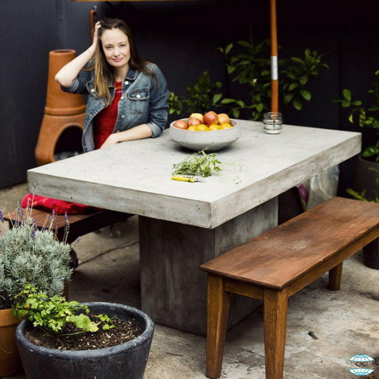 Grey Concrete Rectangle Patio Table Set Outdoor GRC Concrete Table Bench