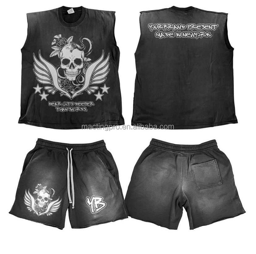 Support Customized Logo Sun Faded Acid Wash Vintage Sleeveless T shirt and Shorts Set