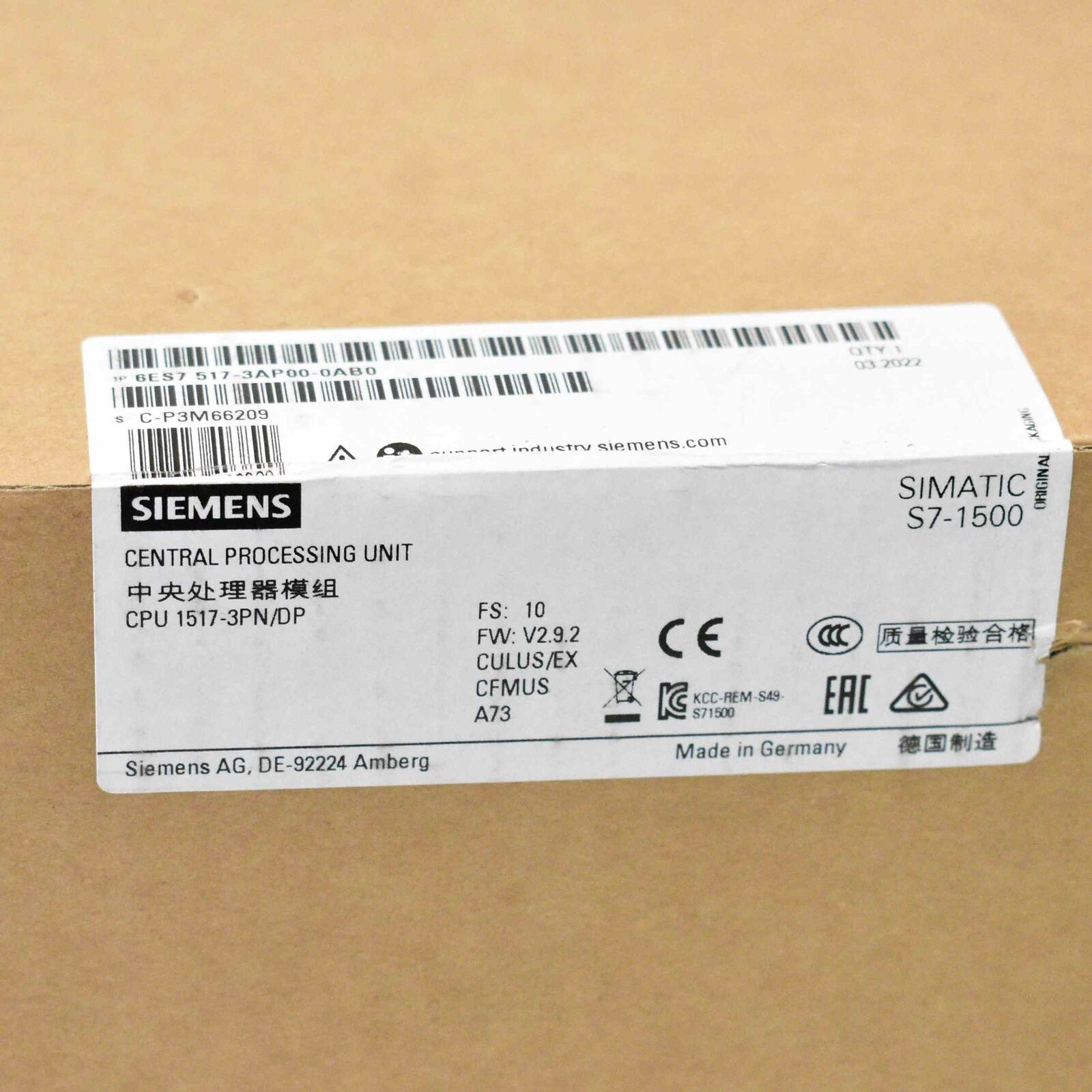 SIEMENS PLC SIMATIC S7-1500 CPU 1517-3 PN/DP 6ES7517-3AP00-0AB0PROFINET IRT WITH 2-PORT