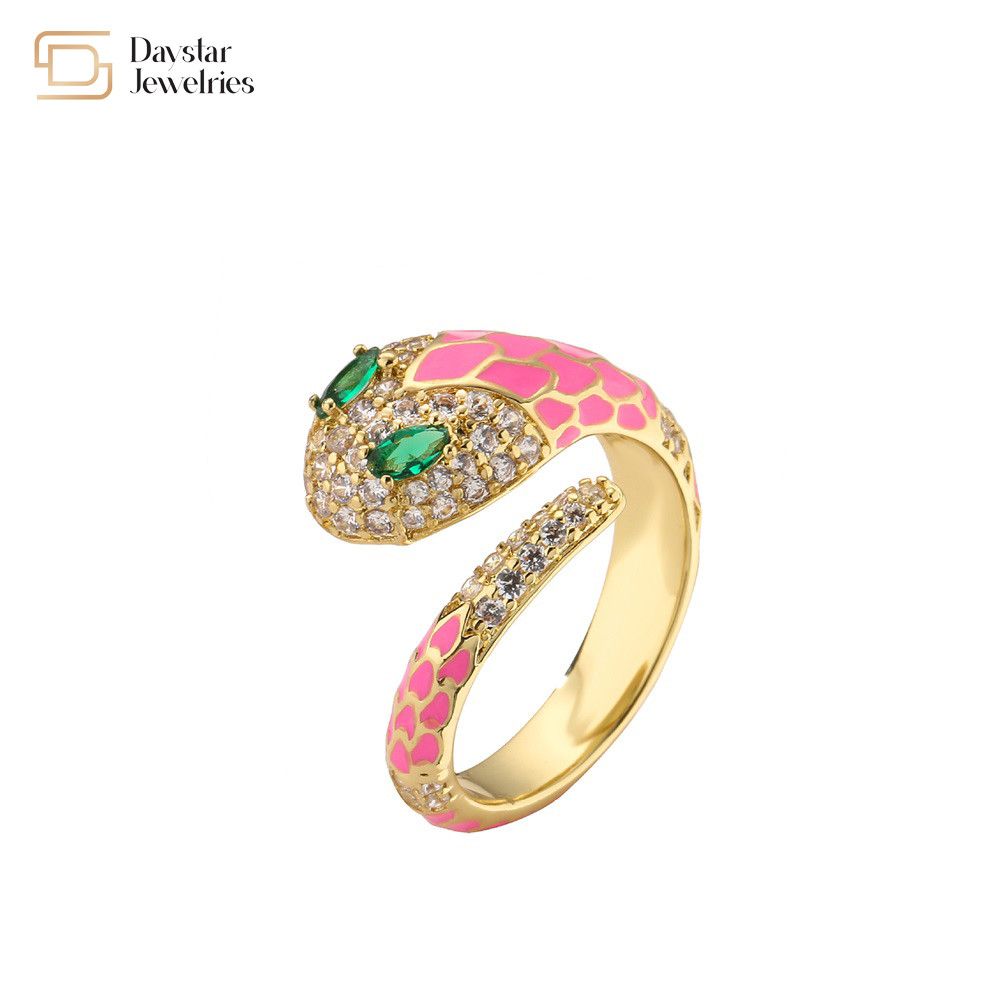 Snake Colorful Enamel Green Diamond Zircon Cobra Ring Cute Adjustable Open