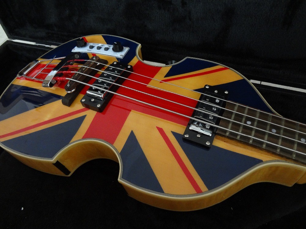 4 string bass guitar Hofner BB2 guitar UK flag on flamed body top Hofner contemporary series