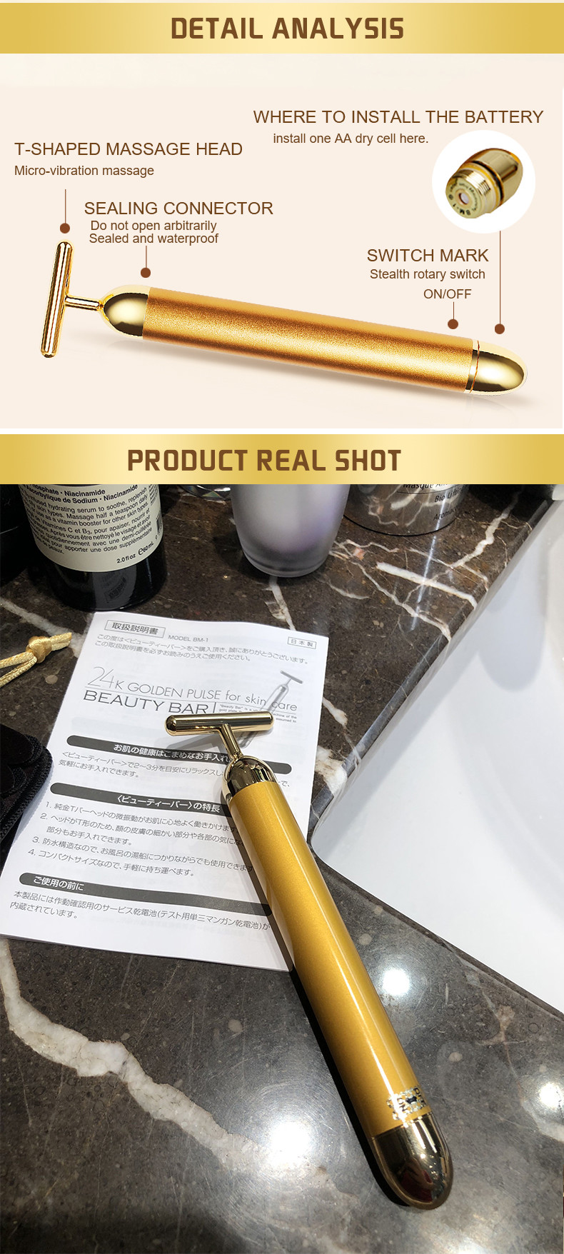 Beauty Bar 6000VPM 24k Golden Pulse Facial Massager